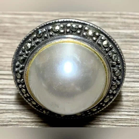 Vintage Handmade Sterling Silver Marcasite & Pearl Cocktail Ring, Size 6.5